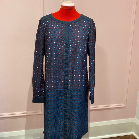 Ann Taylor Floral Shirt Dress, Long Sleeve, Mandarin Collar, Navy, Women's US 8 - Picture 1 of 8